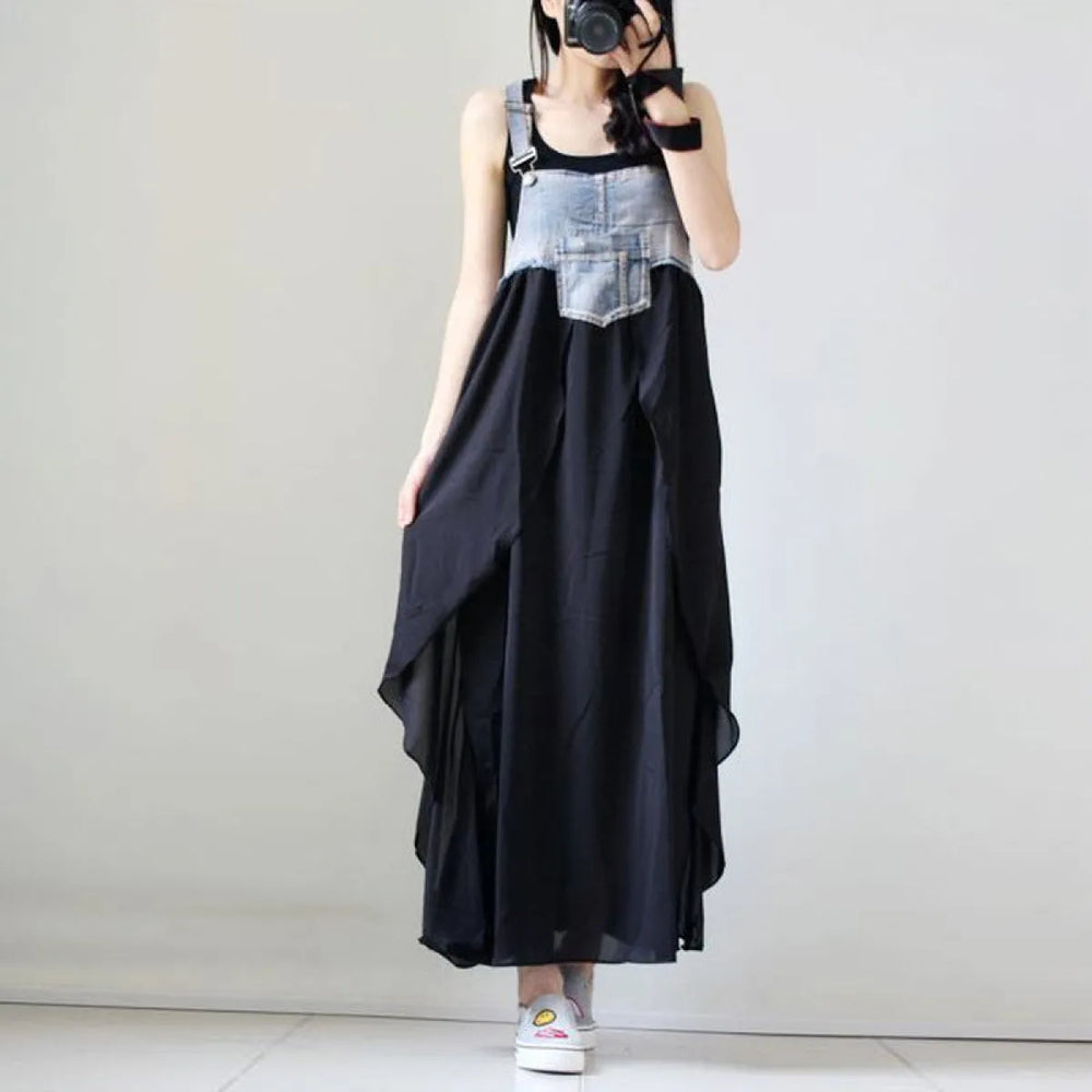 Korean Style Plus Size Denim Chiffon Strap Maxi Dress - All Dresses - Maxi Dress - 1