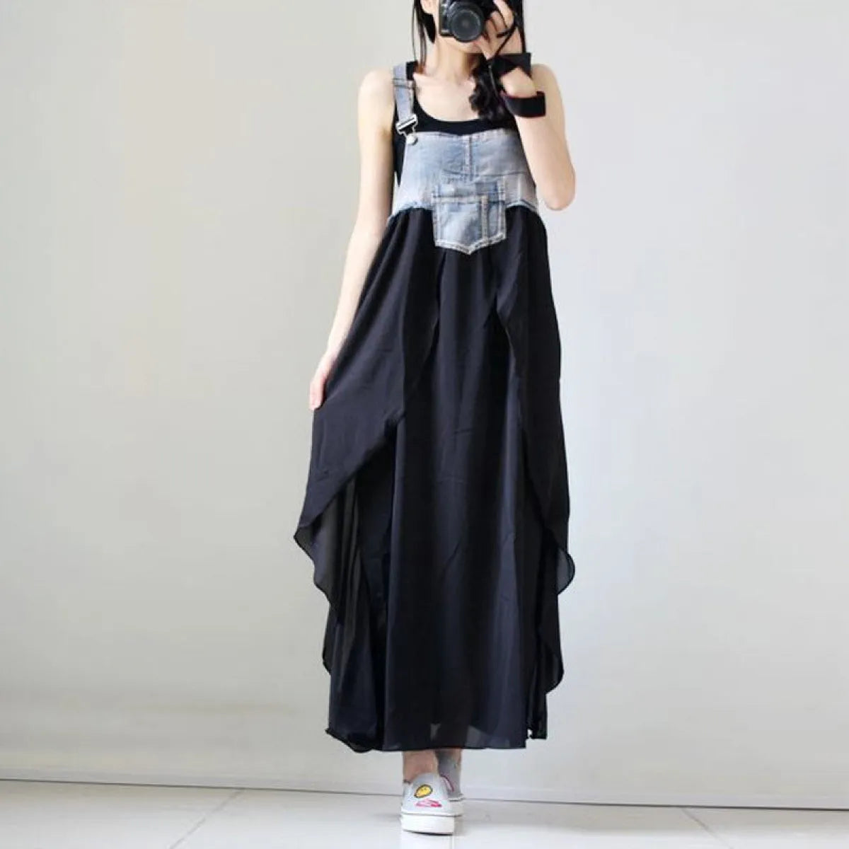 Korean Style Plus Size Denim Chiffon Strap Maxi Dress - All Dresses - Maxi Dress - 1