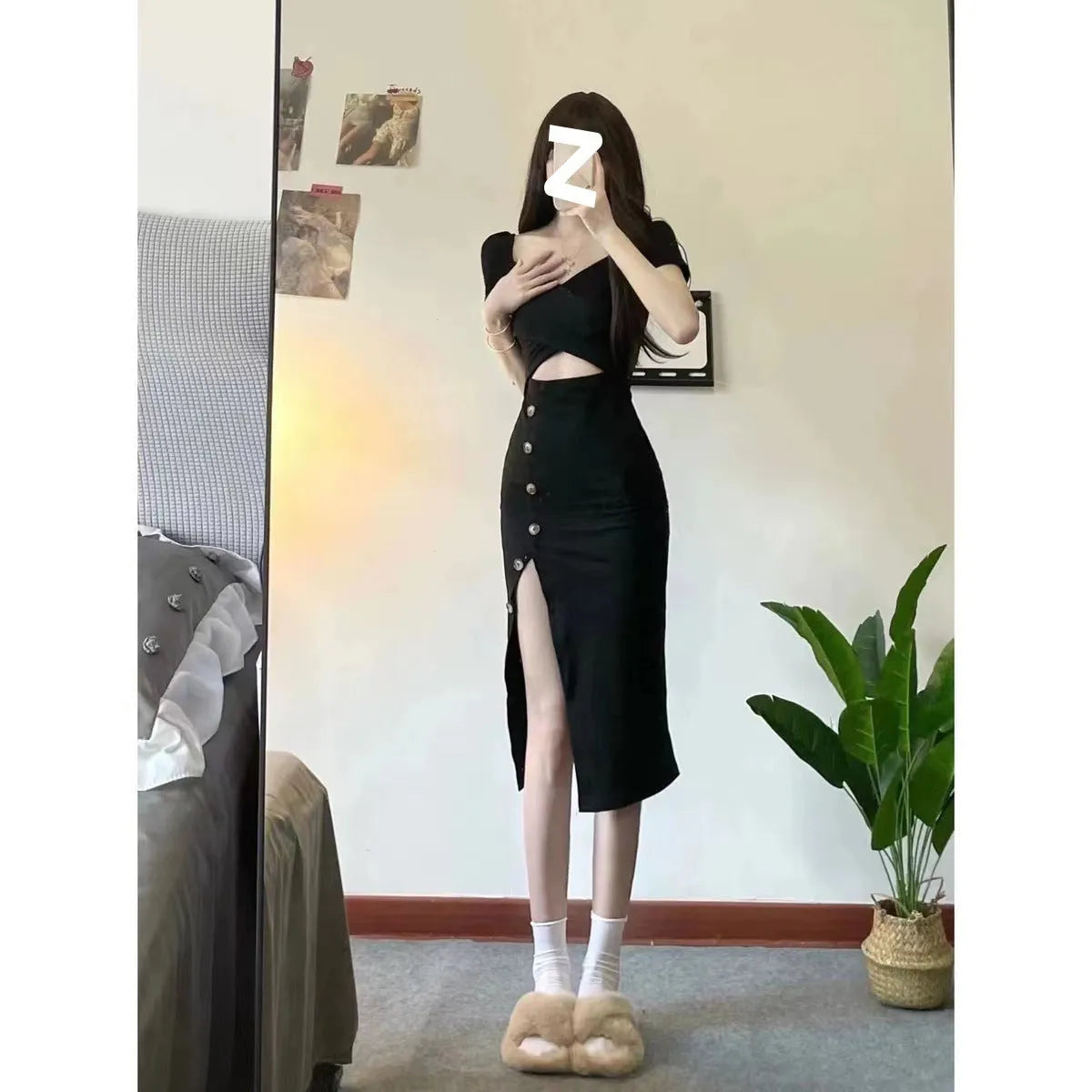 Black V-Neck High Waist Slit Midi Dress - All Dresses - Midi Dress - 3