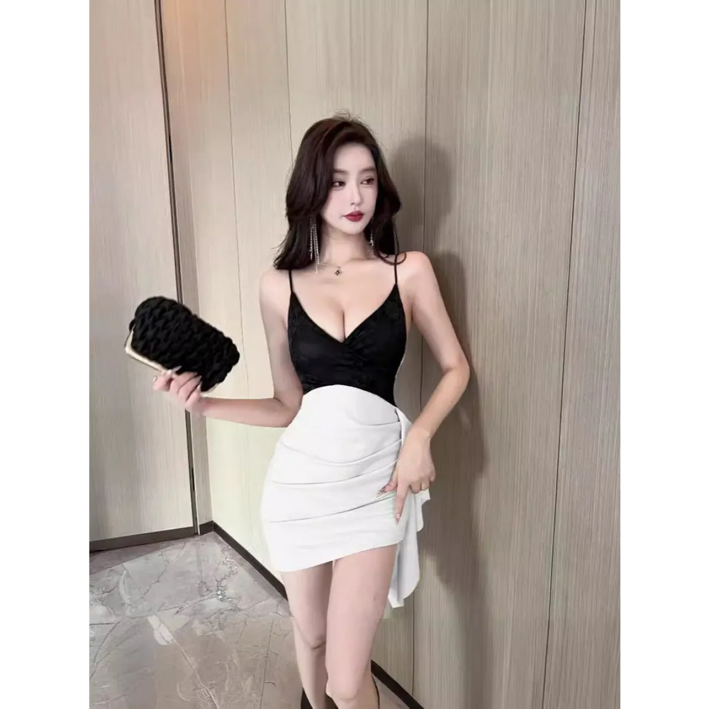 Lace Contrast Suspender V-Neck Mini Dress - All Dresses - Mini Dress - 1