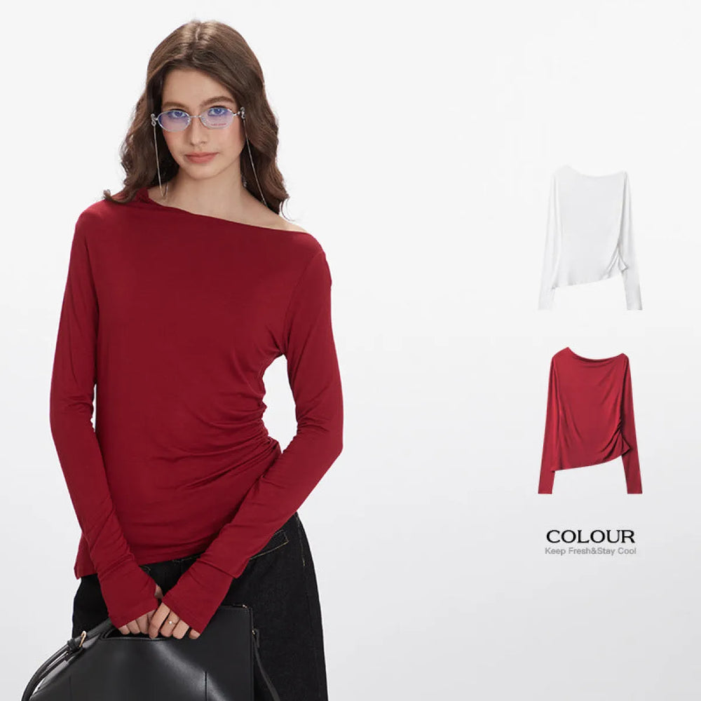 Irregular Slant Collar Slim Long Sleeve T-Shirt - T-Shirts - T-Shirt - 1