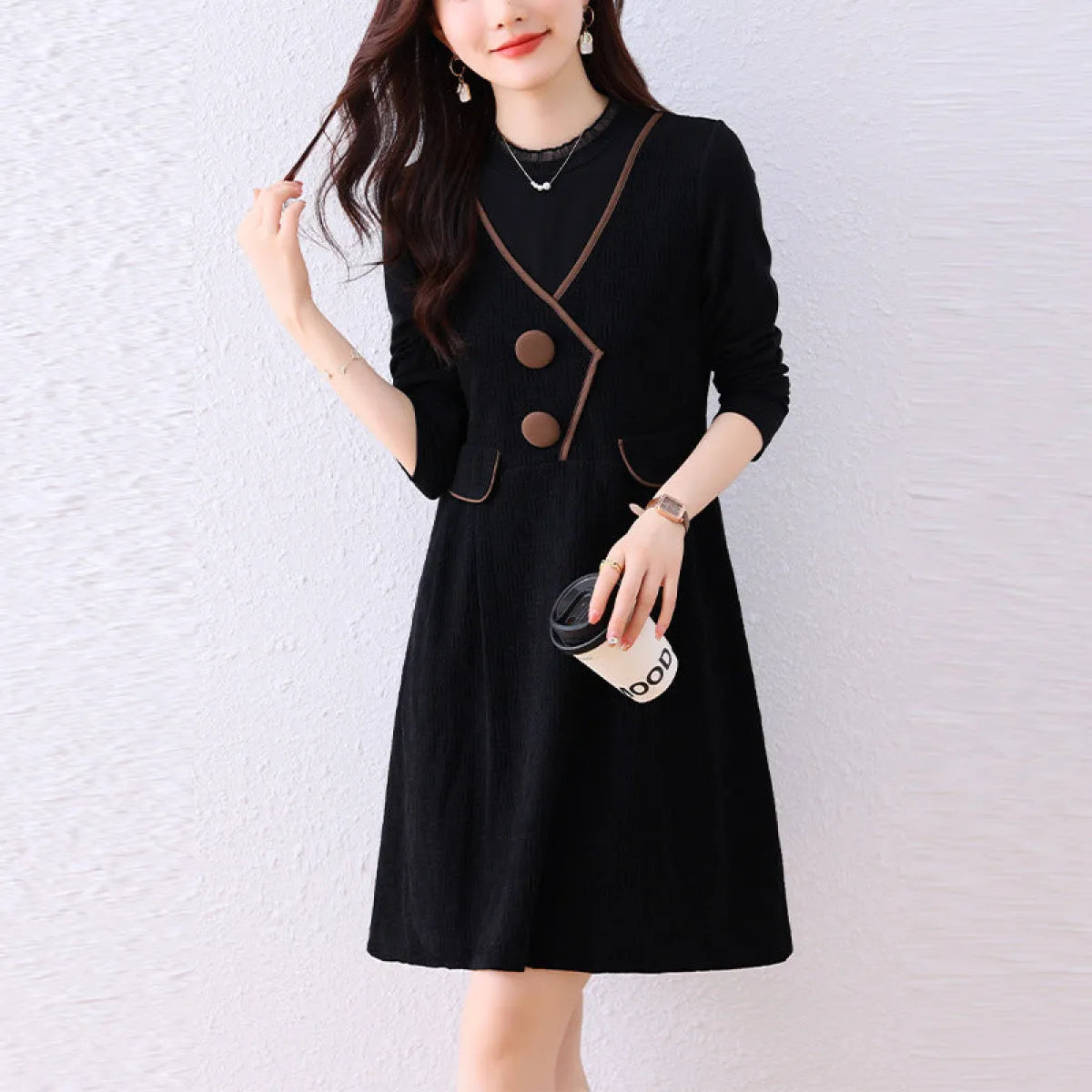 Plus Size Fake Two-Piece Spliced Black Midi Dress - All Dresses - Midi Dress - 1