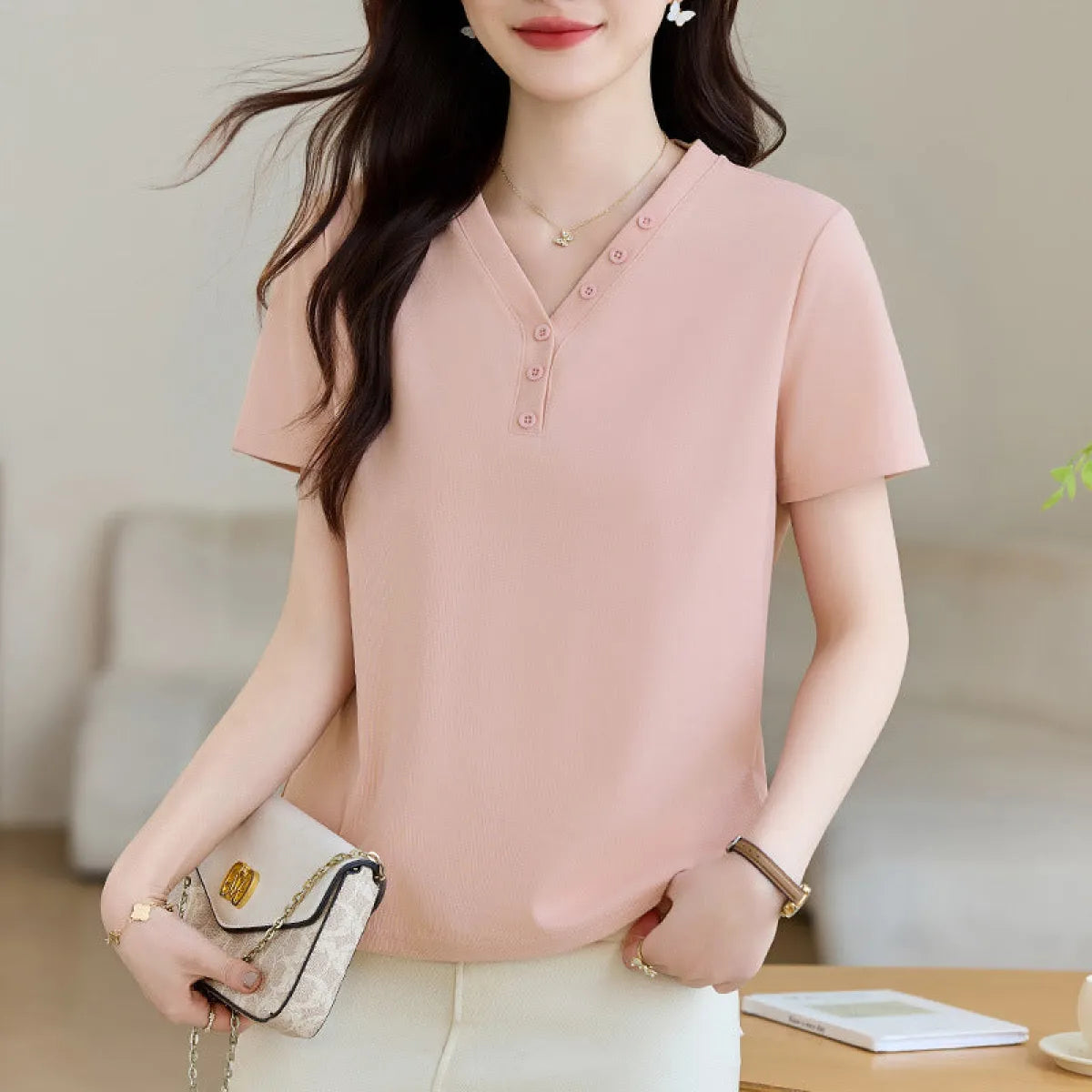 Korean Style V-Neck Short Sleeve T-Shirt - T-Shirts - T-Shirt - 1