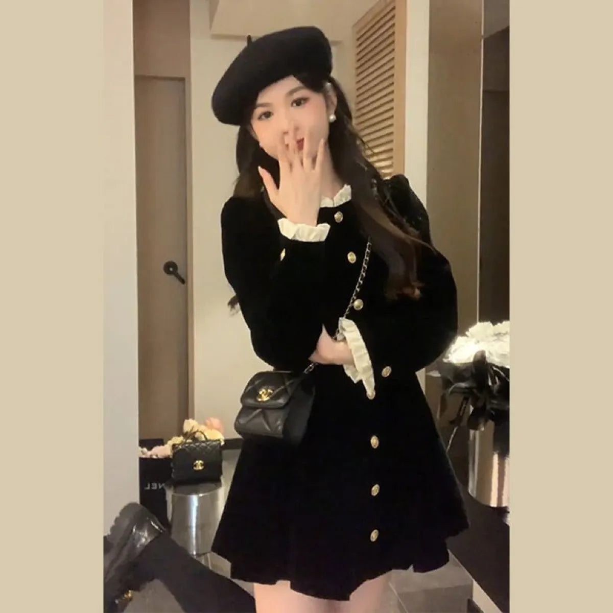 French Hepburn Style Black Ruffle Mini Dress - All Dresses - Mini Dress - 3