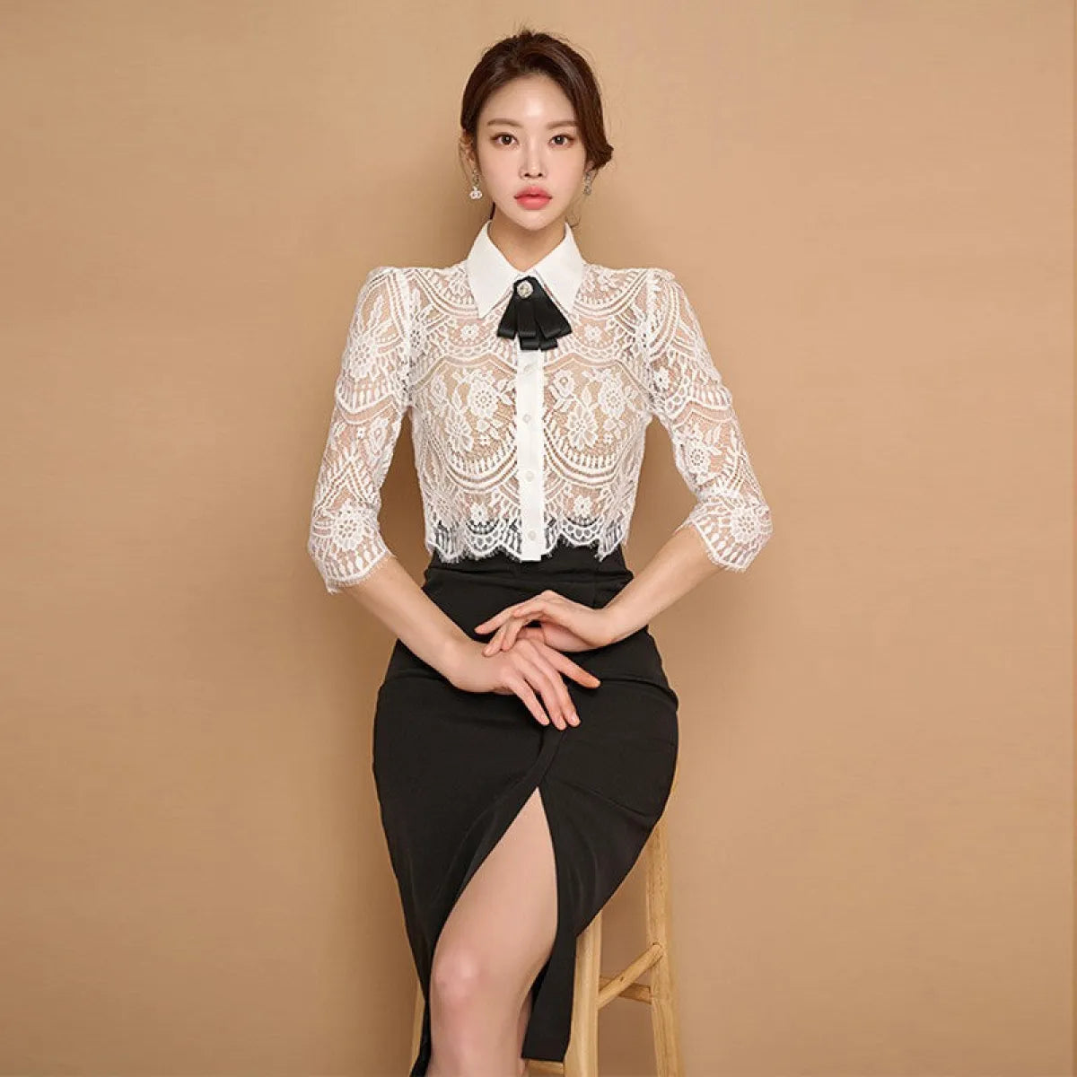 Lapel Bow Lace Top & High Waist Skirt Set - Bottoms - Sets / Co-ords - 4