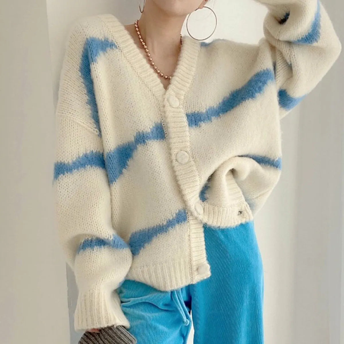 Striped Korean V-Neck Loose Cardigan Sweater - Sweaters - Cardigan - 2