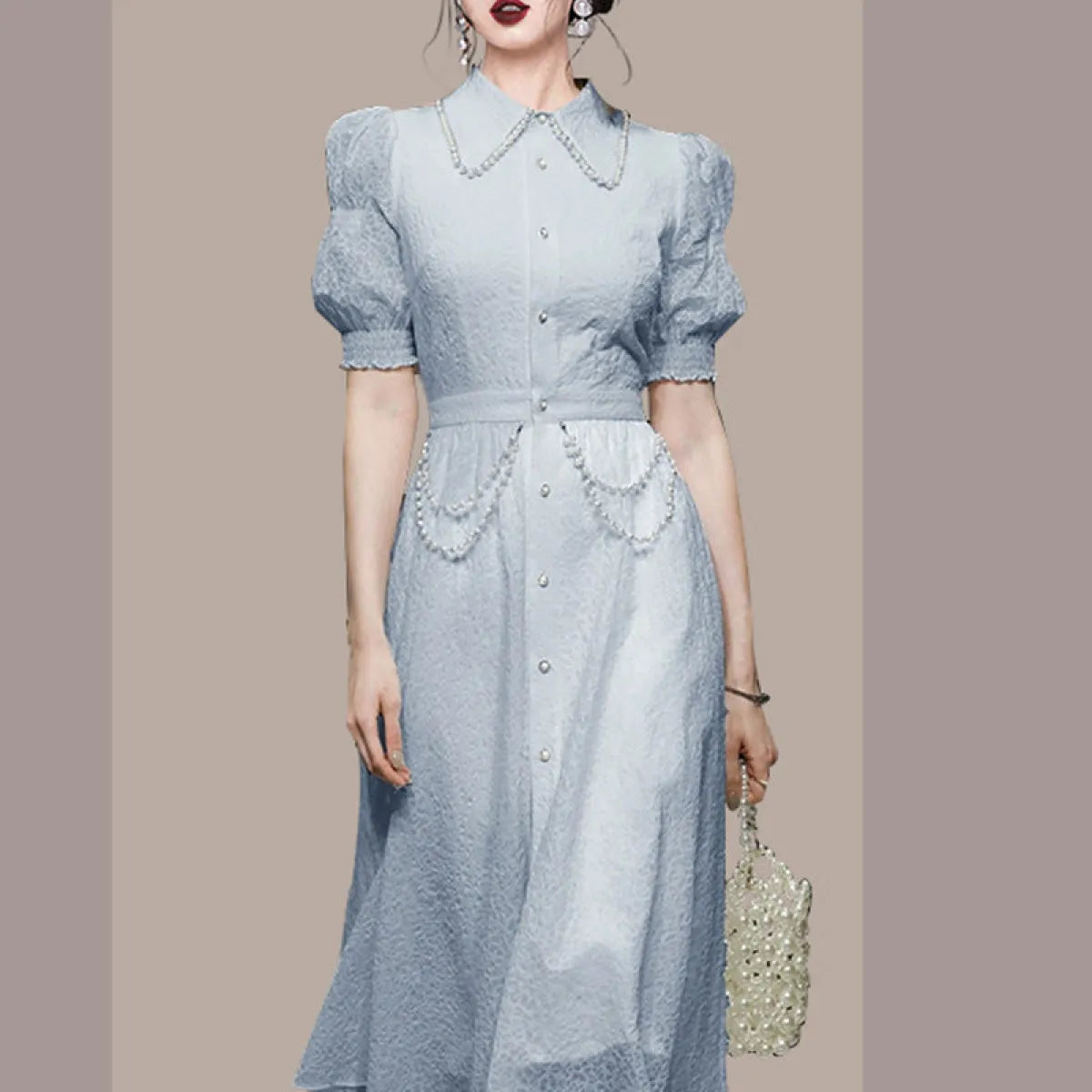 Blue Retro Lantern Sleeve Midi Dress - All Dresses - Midi Dress - 1