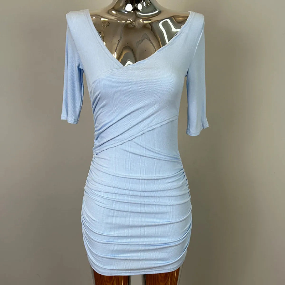 Korean V-Neck Pleated Hip Mini Dress - All Dresses - Mini Dress - 9