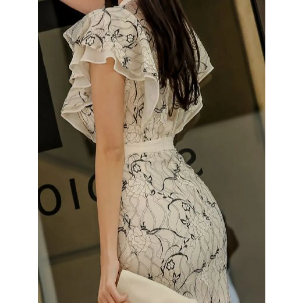 Elegant Lace Ruffle Sleeve Bodycon Midi Dress - All Dresses - Dress - 3