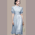 Blue Retro Lantern Sleeve Midi Dress - All Dresses - Midi Dress - 5