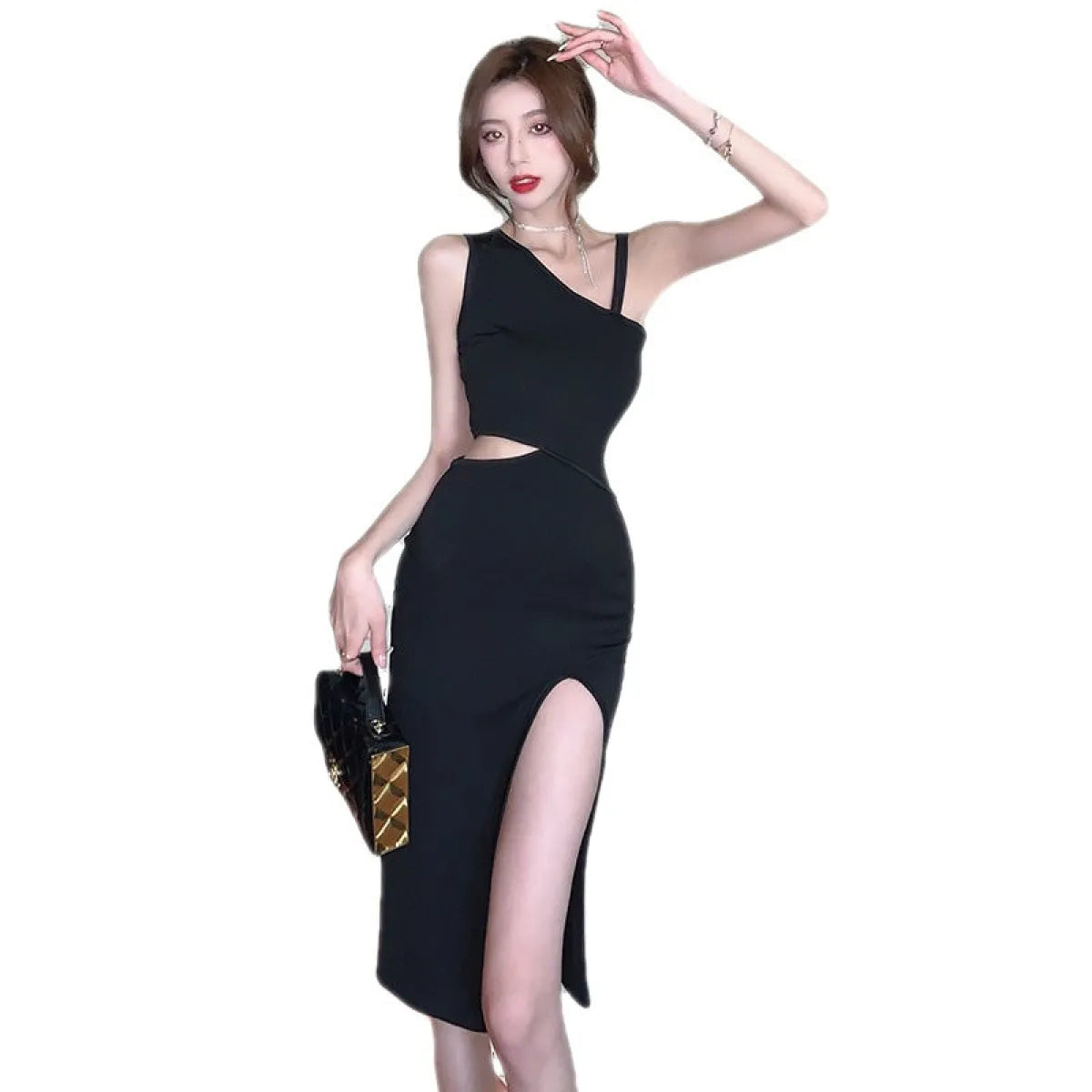 Hepburn-Inspired Black Split Midi Dress - All Dresses - Midi Dress - 4