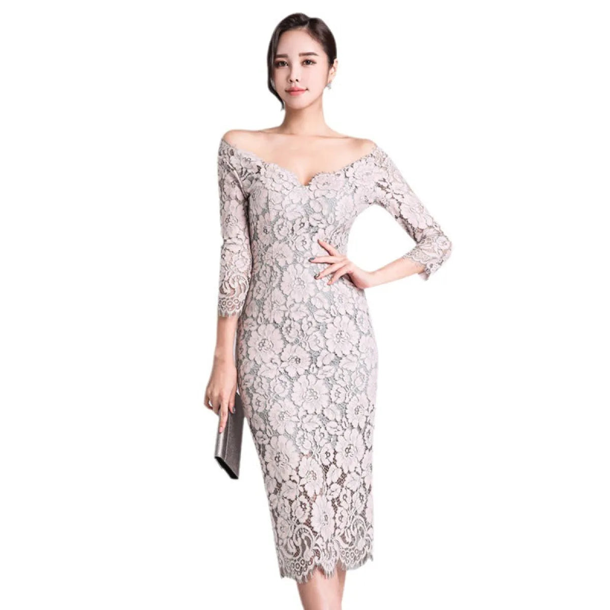 Elegant Lace V-Neck Slim Midi Dress - All Dresses - Midi Dress - 5