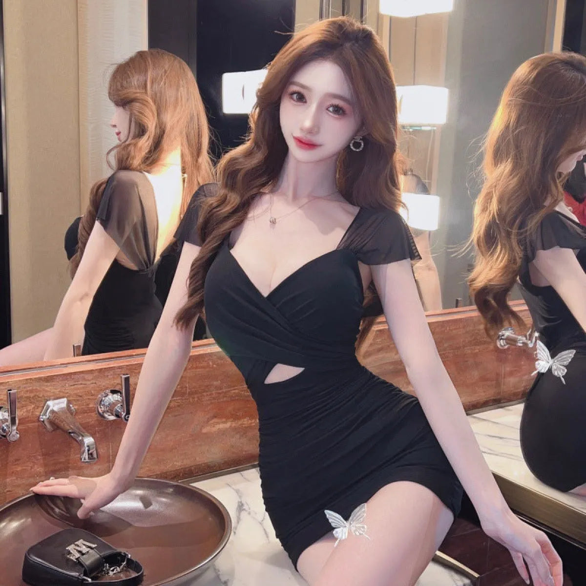 Sexy V-Neck Mesh Hollow-Out Mini Dress - All Dresses - Mini Dress - 8