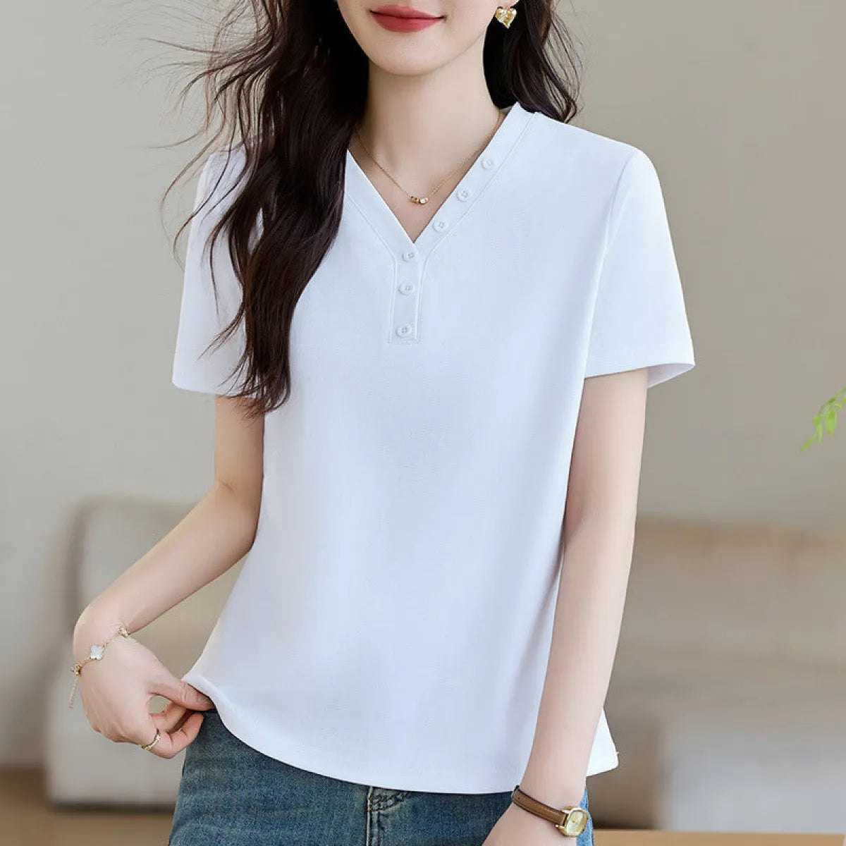 Korean Style V-Neck Short Sleeve T-Shirt - T-Shirts - T-Shirt - 3