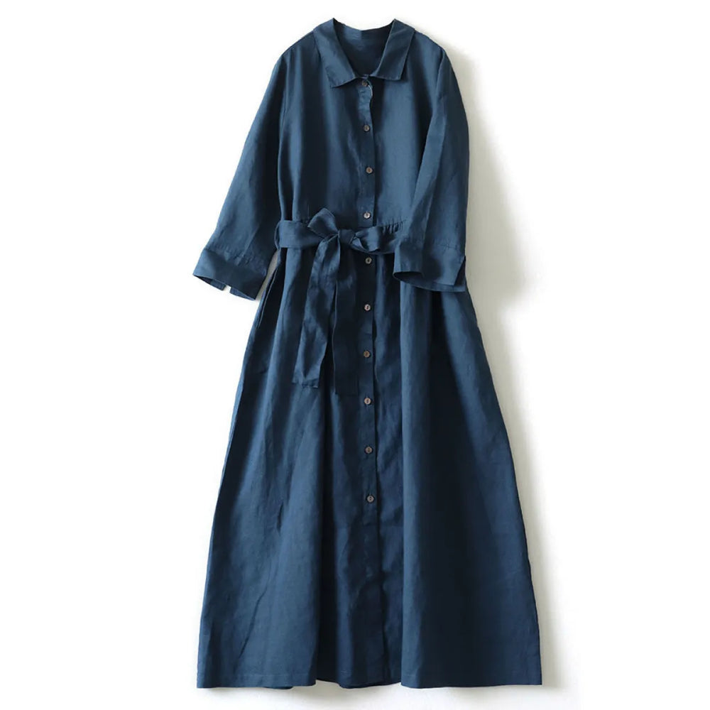 Artistic Cotton Linen Shirt Dress - All Dresses - Midi Dress - 1