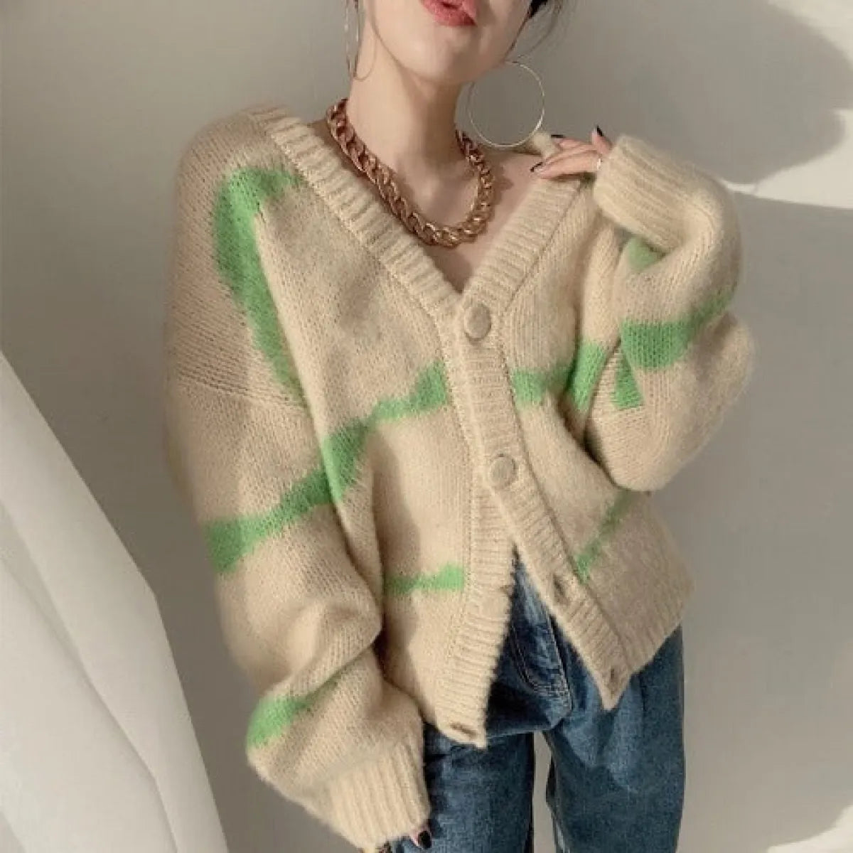 Striped Korean V-Neck Loose Cardigan Sweater - Sweaters - Cardigan - 3