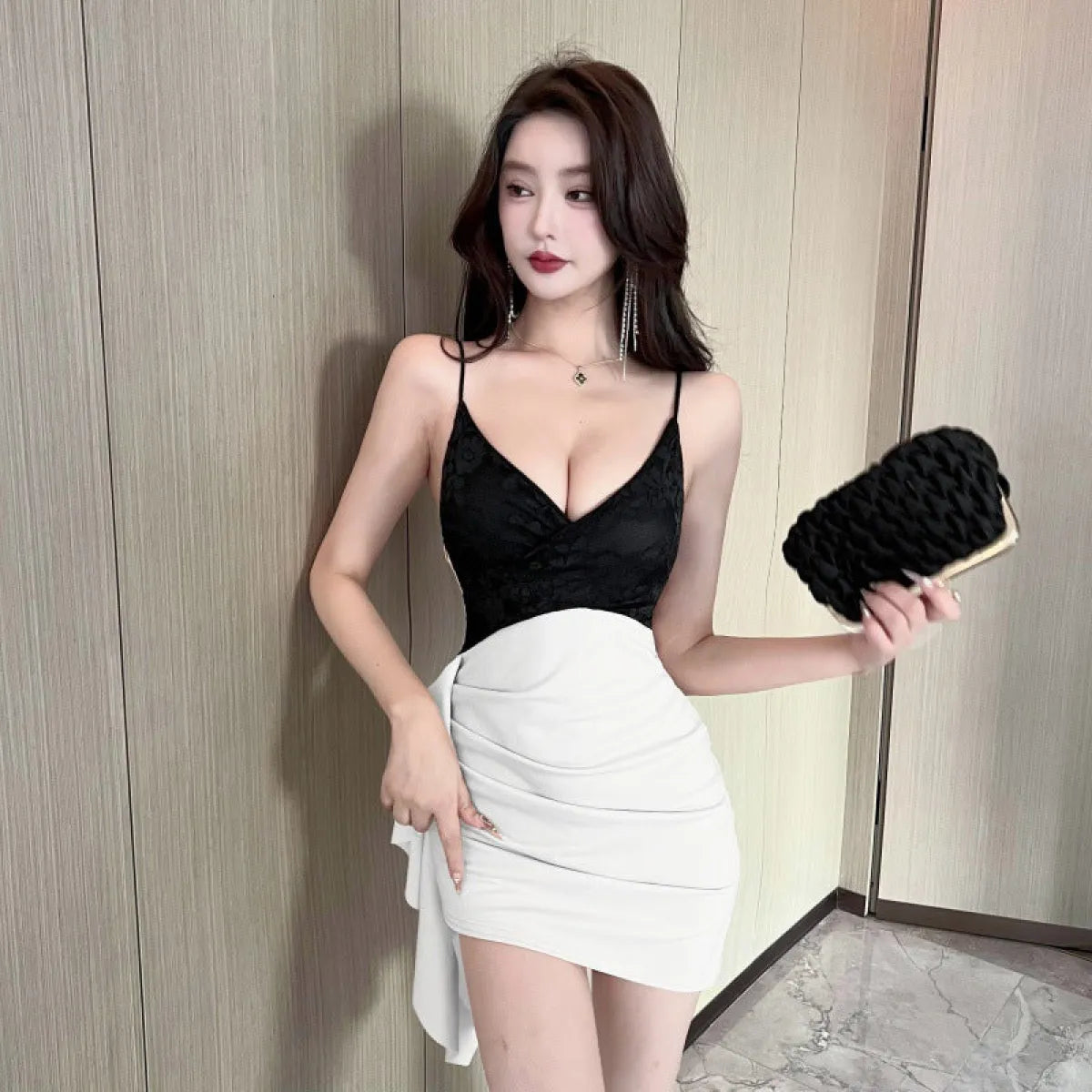 Lace Contrast Suspender V-Neck Mini Dress - All Dresses - Mini Dress - 7