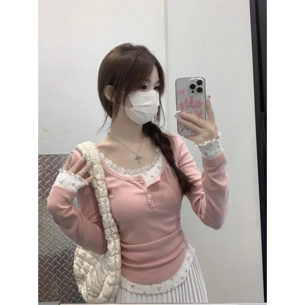 Lace Floral Fake Two-Piece Slim Fit T-Shirt - T-Shirts - T-Shirt - 1