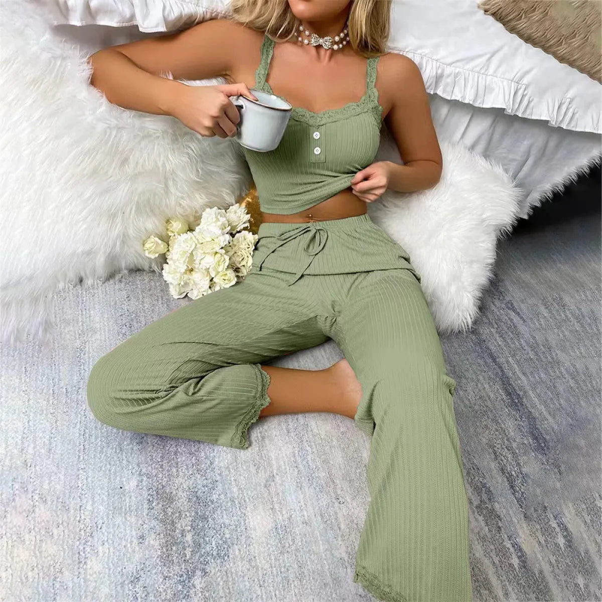 Lace V-Neck Cami Pajama Set with Trousers - Camis & Tops - Sets / Co-ords - 5