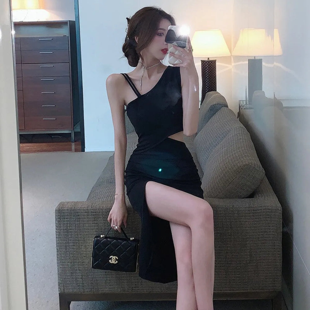 Hepburn-Inspired Black Split Midi Dress - All Dresses - Midi Dress - 1