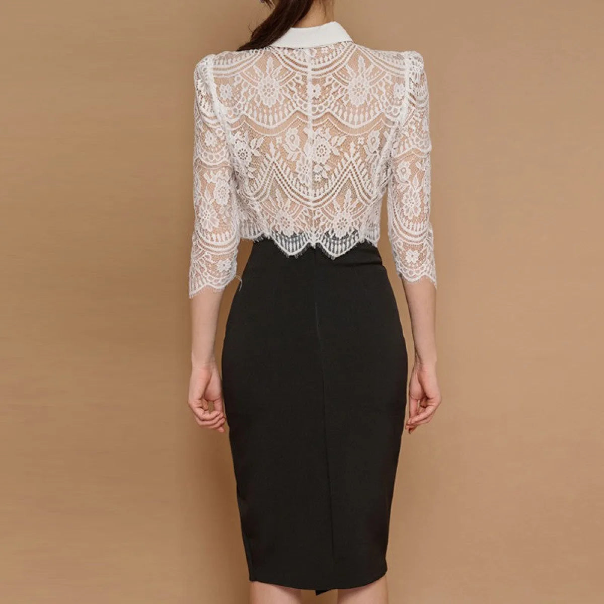 Lapel Bow Lace Top & High Waist Skirt Set - Bottoms - Sets / Co-ords - 3