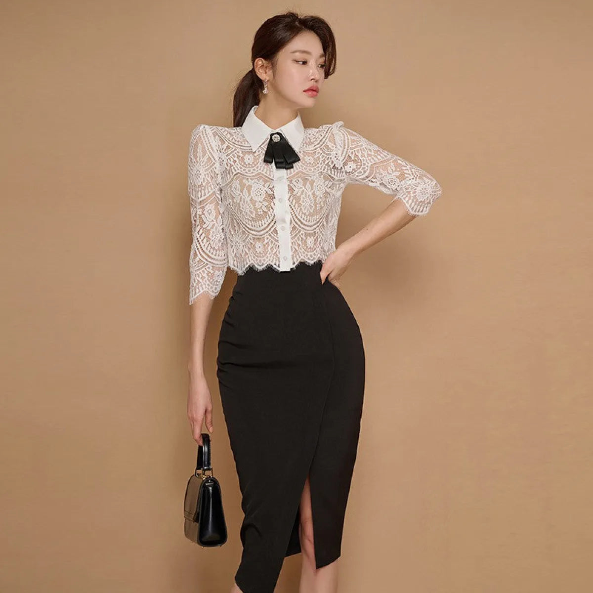 Lapel Bow Lace Top & High Waist Skirt Set - Bottoms - Sets / Co-ords - 6