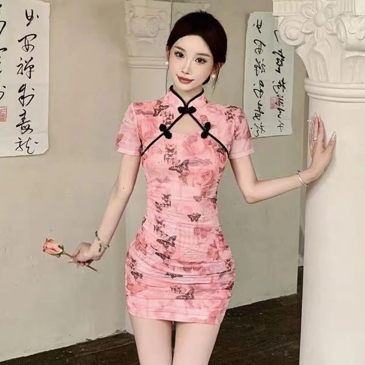 Hollow-Out Cheongsam Mini Dress - All Dresses - Mini Dress - 4