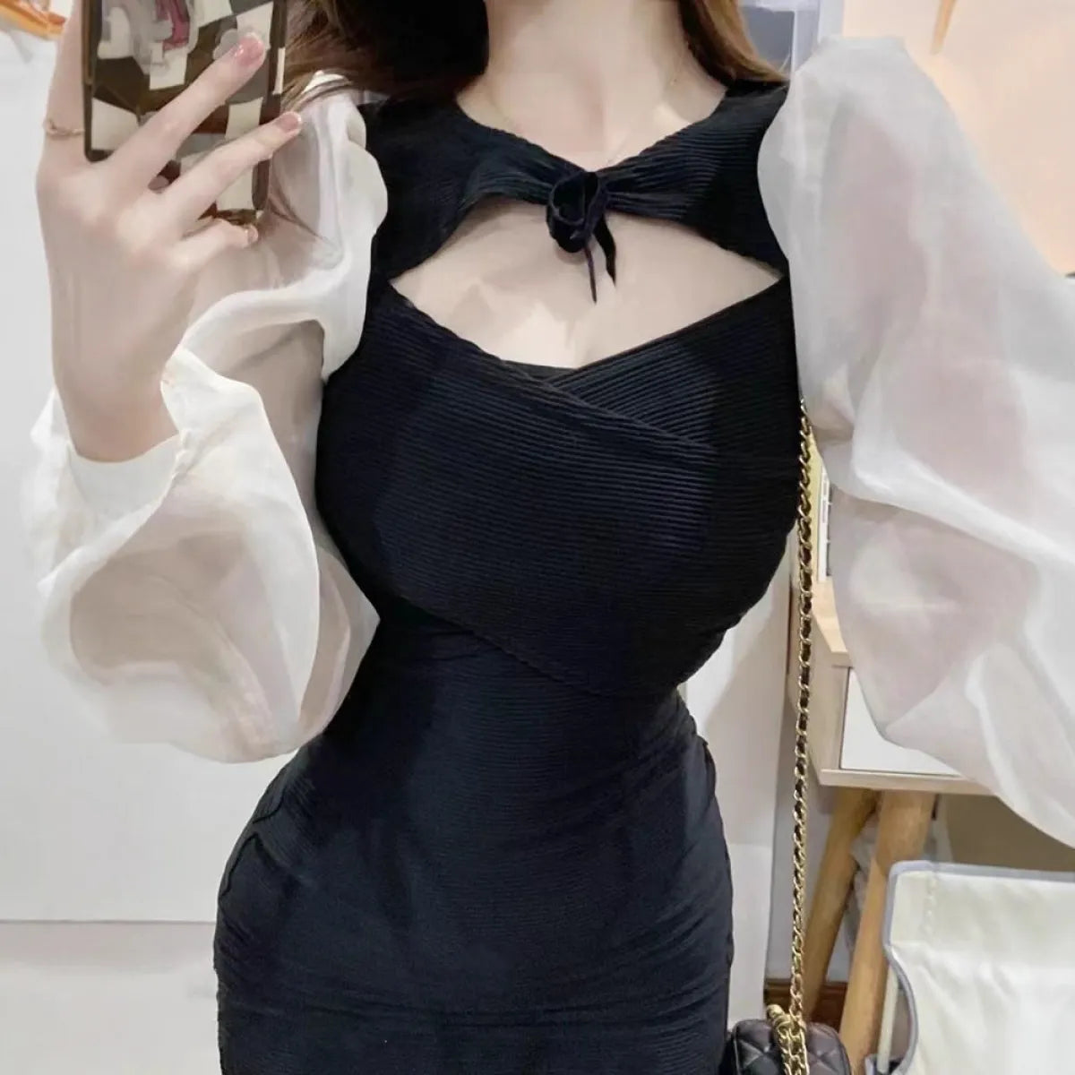 French Hepburn Black Hollow-Out Mini Dress - All Dresses - Mini Dress - 4