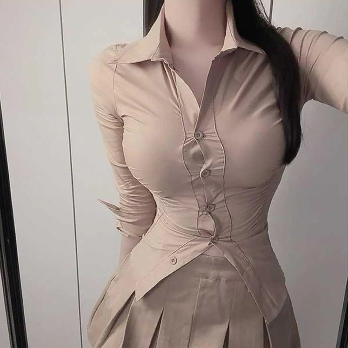 Slim Fit Lapel Pleated OL Long Sleeve Shirt - T-Shirts - Blouse - 3