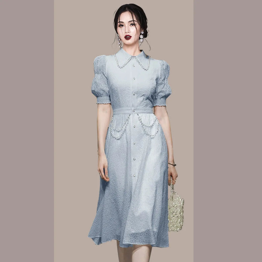 Blue Retro Lantern Sleeve Midi Dress - All Dresses - Midi Dress - 2