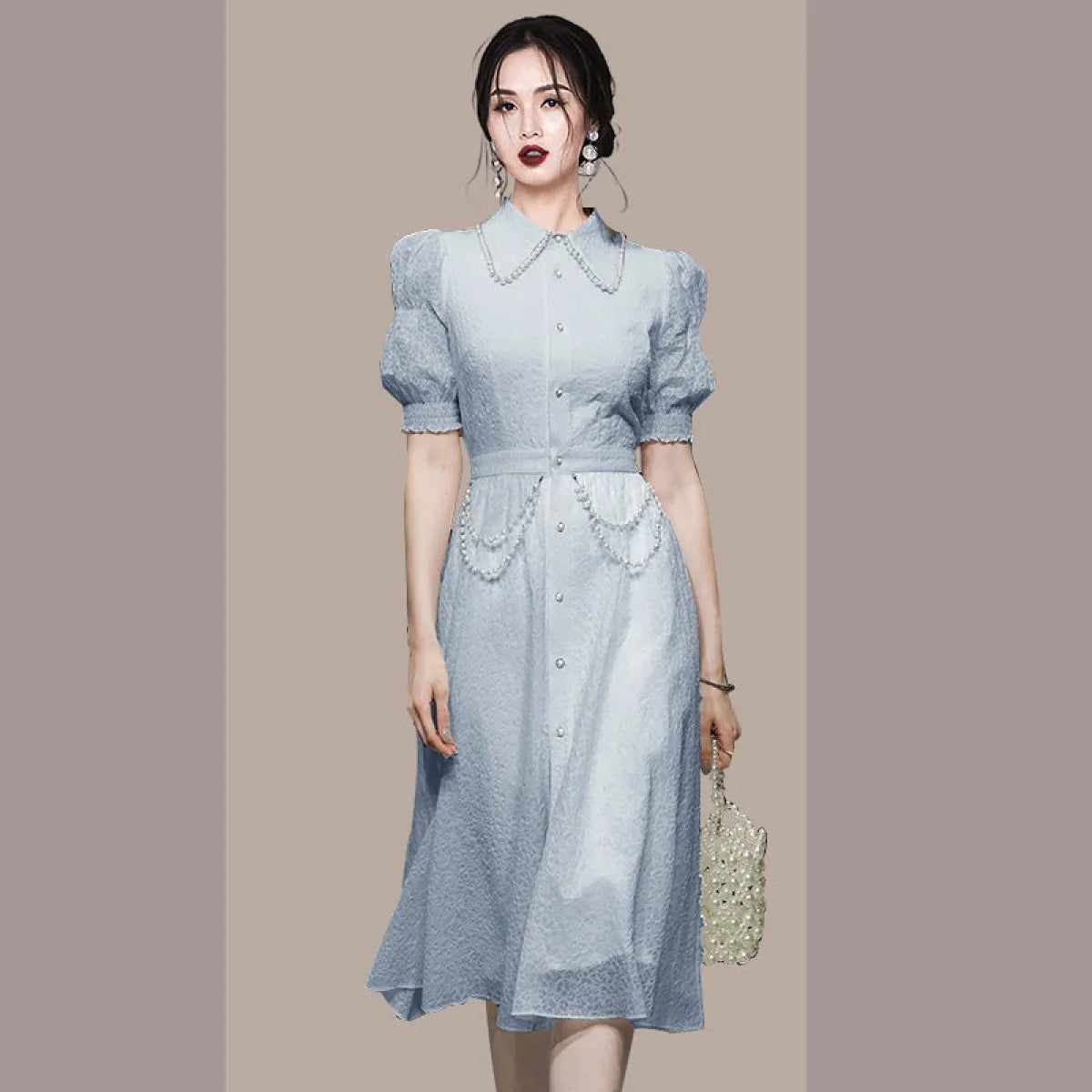 Blue Retro Lantern Sleeve Midi Dress - All Dresses - Midi Dress - 2