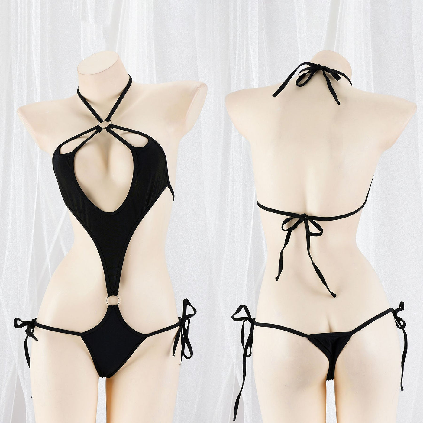 Black halter cutout one-piece lingerie bodysuit shown from front and back on a mannequin