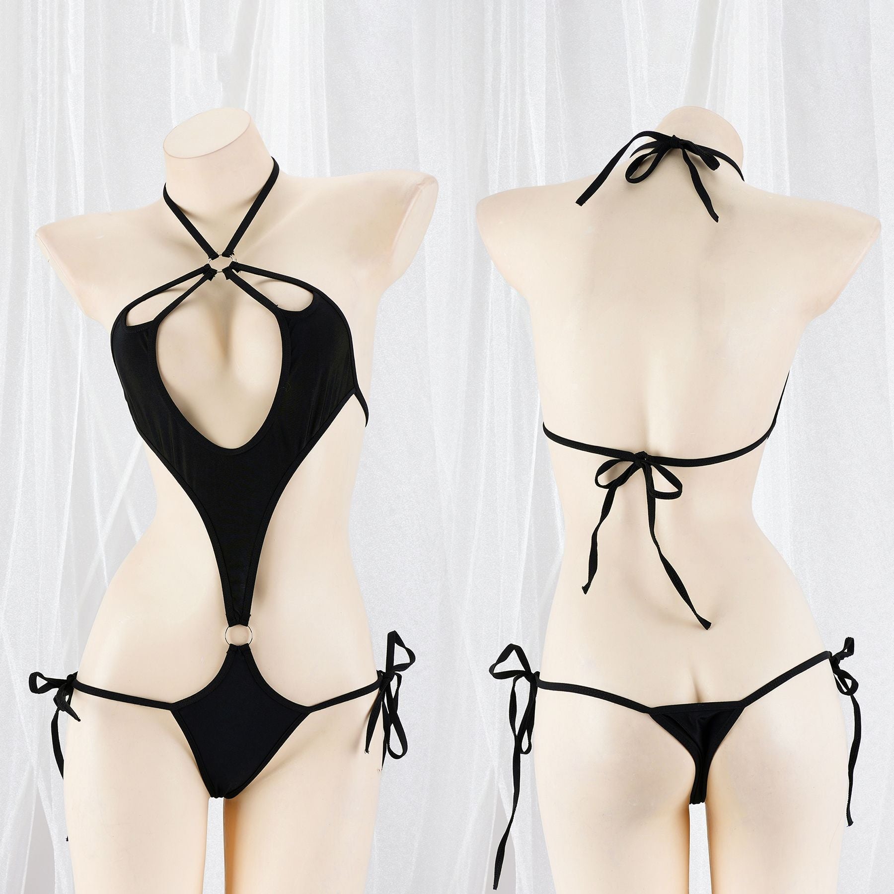 Black halter cutout one-piece lingerie bodysuit shown from front and back on a mannequin