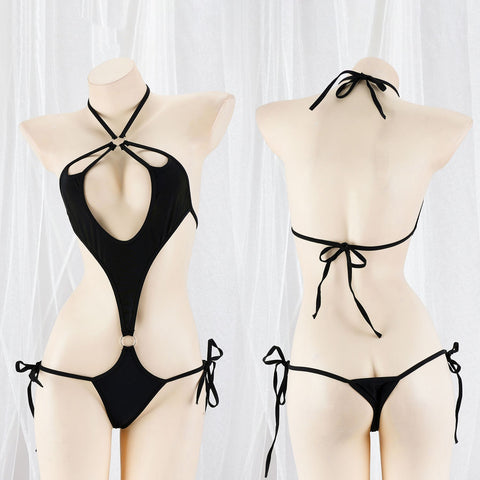 Black halter cutout one-piece lingerie bodysuit shown from front and back on a mannequin