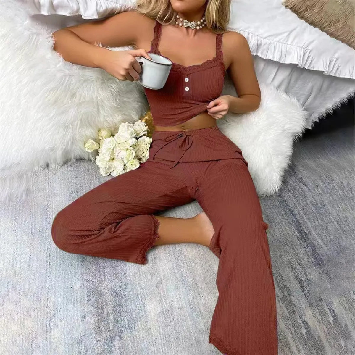 Lace V-Neck Cami Pajama Set with Trousers - Camis & Tops - Sets / Co-ords - 7