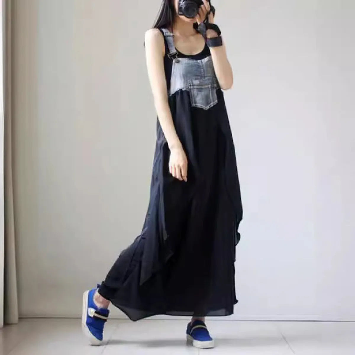Korean Style Plus Size Denim Chiffon Strap Maxi Dress - All Dresses - Maxi Dress - 4