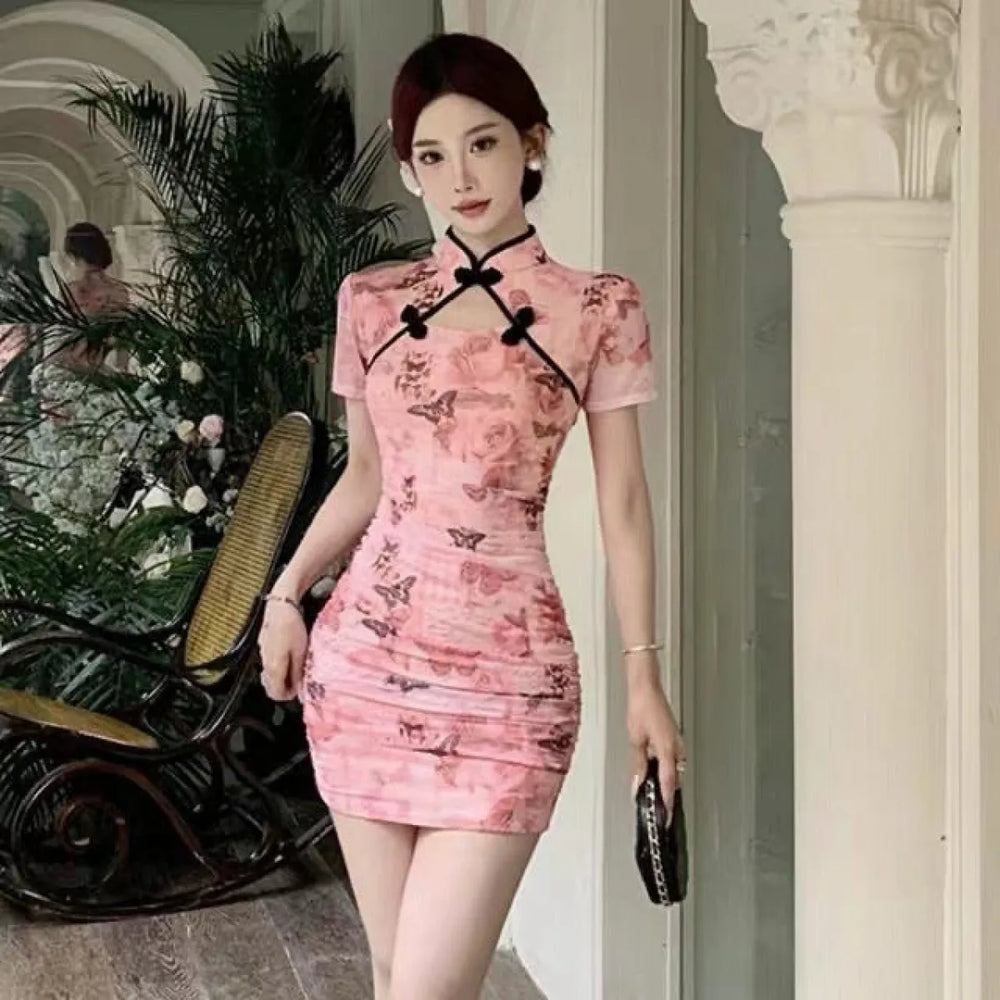 Hollow-Out Cheongsam Mini Dress - All Dresses - Mini Dress - 1