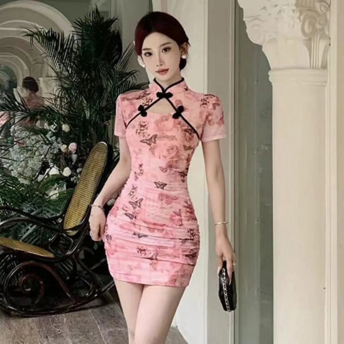 Hollow-Out Cheongsam Mini Dress - All Dresses - Mini Dress - 1