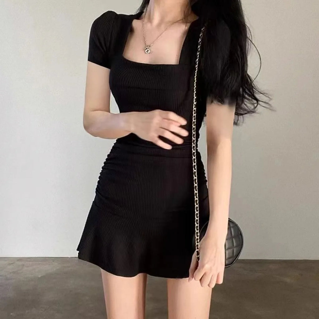 Black Hepburn Square Neck Fishtail Mini Dress - All Dresses - Mini Dress - 5