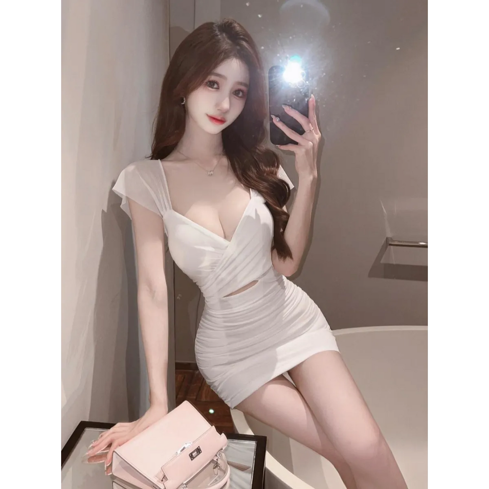 Sexy V-Neck Mesh Hollow-Out Mini Dress - All Dresses - Mini Dress - 1