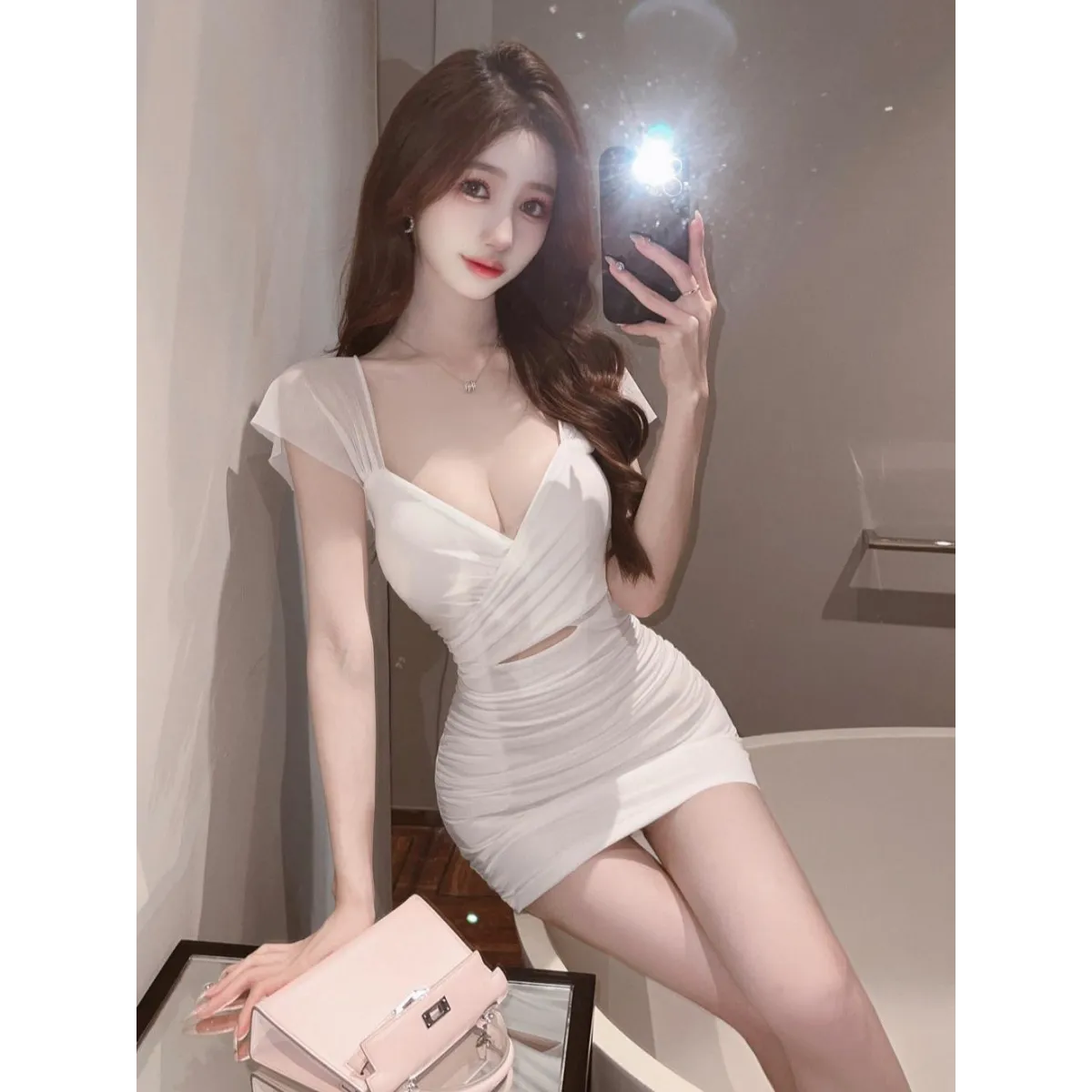 Sexy V-Neck Mesh Hollow-Out Mini Dress - All Dresses - Mini Dress - 1