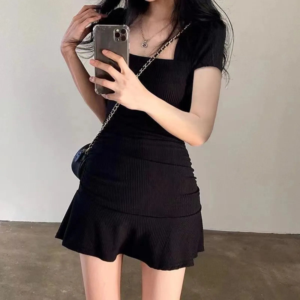 Black Hepburn Square Neck Fishtail Mini Dress - All Dresses - Mini Dress - 2