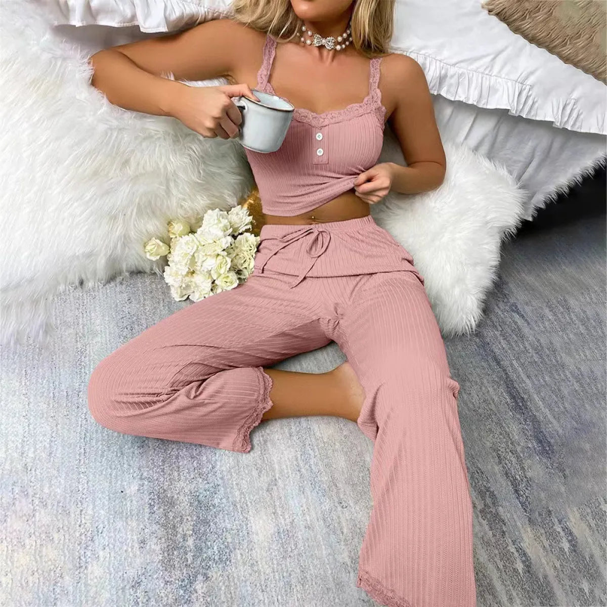 Lace V-Neck Cami Pajama Set with Trousers - Camis & Tops - Sets / Co-ords - 8