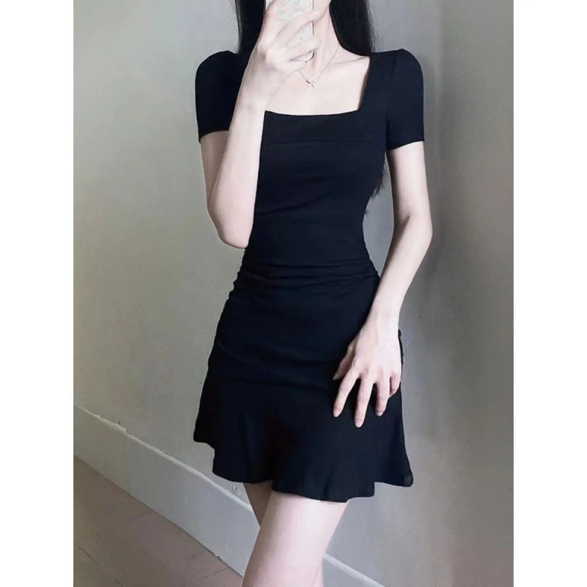 Black Hepburn Square Neck Fishtail Mini Dress - All Dresses - Mini Dress - 4