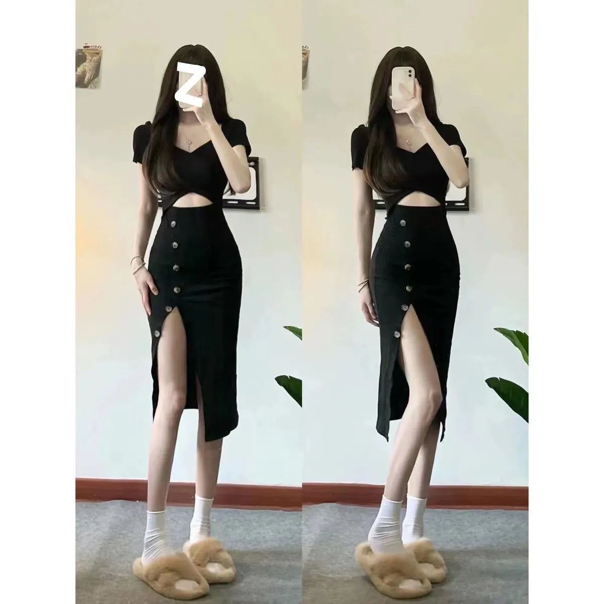 Black V-Neck High Waist Slit Midi Dress - All Dresses - Midi Dress - 1