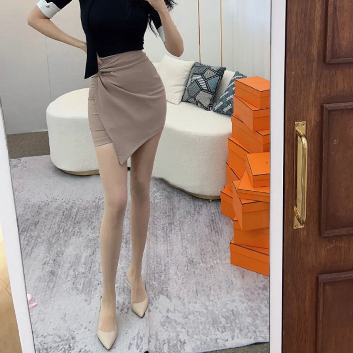 High Waist Asymmetric Mini Skirt - Bottoms - Mini Skirt - 2