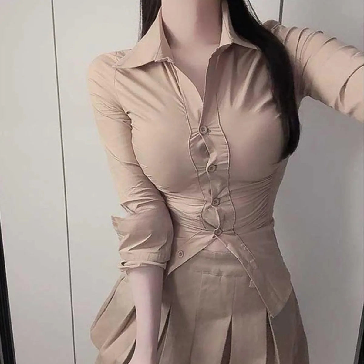 Slim Fit Lapel Pleated OL Long Sleeve Shirt - T-Shirts - Blouse - 4