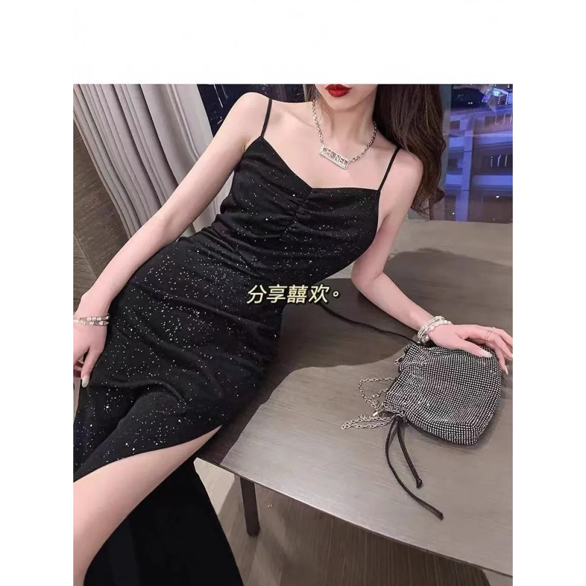 Hepburn Black Sequin Split Midi Dress - All Dresses - Midi Dress - 4