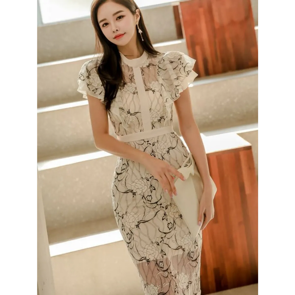 Elegant Lace Ruffle Sleeve Bodycon Midi Dress - All Dresses - Dress - 1