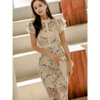 Elegant Lace Ruffle Sleeve Bodycon Midi Dress - All Dresses - Dress - 1